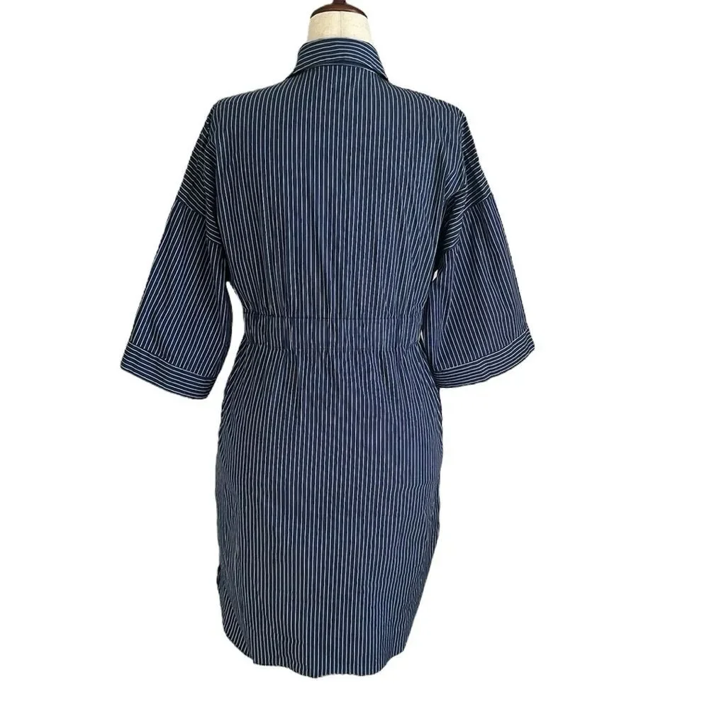 Zara Blue & White Striped Button Down Shirt Dress Side Pockets EUC Size S